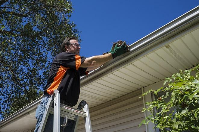 a repairman inspecting a clogged gutter for debris in Cooper City